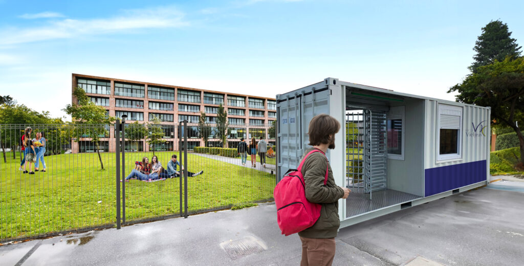 Sécurisation des abords d'une école par tourniquets containers PORTIQUE FRANÇAIS
